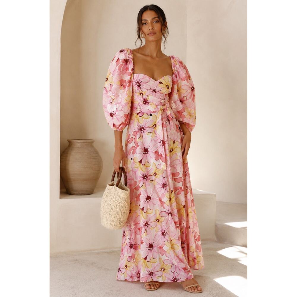 Sundress Emilia Riviera Linen Floral Puff Sleeve Dress XS/S